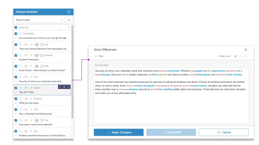 Analyze Assistant reviewing content quality before a human approves