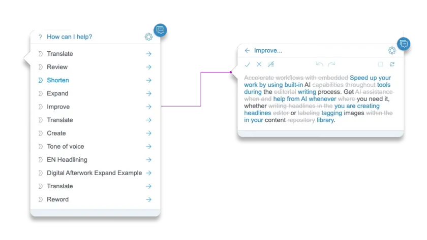 AI Content Assistant proposing copy, waiting for human approval